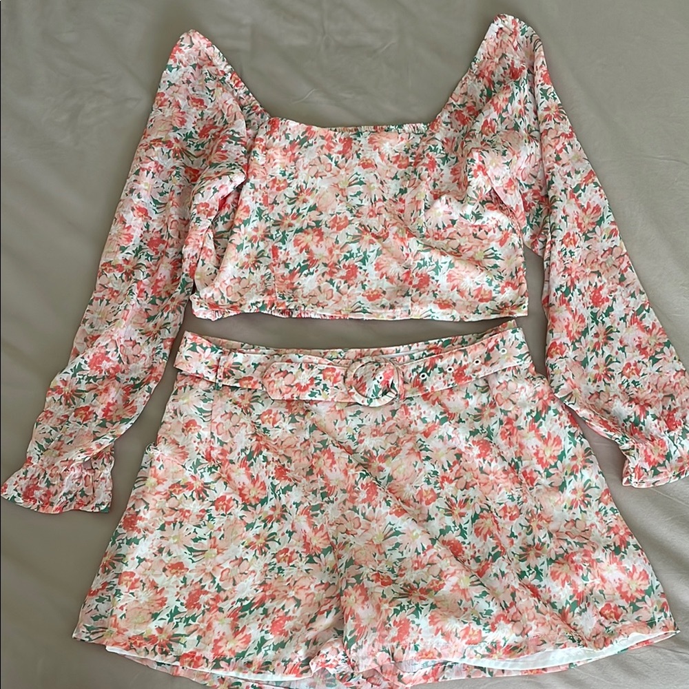 Pink Lily Floral Belted Crop Top and Shorts